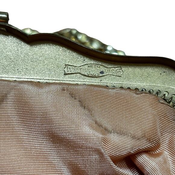 Vintage Whiting & Davis gold mesh evening bag top handle clutch rhinestone clasp - Picture 9 of 13